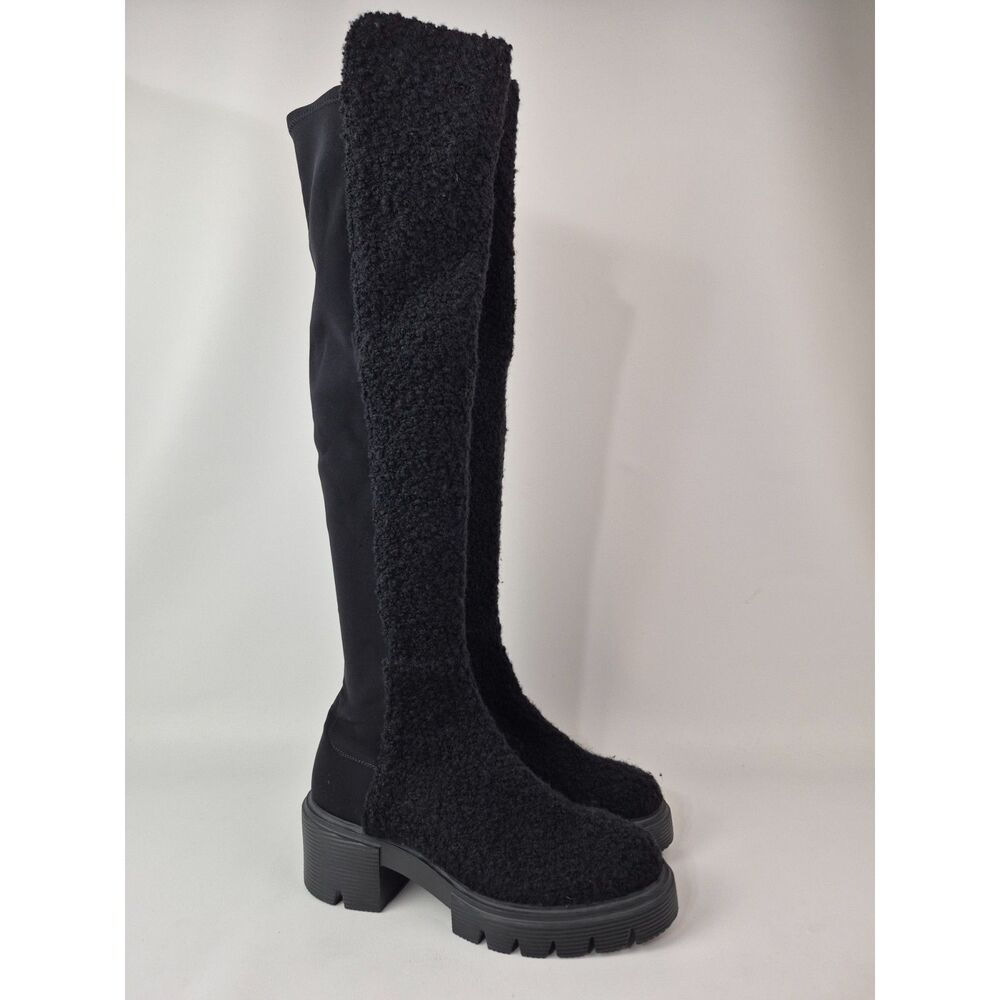 Stuart Weitzman Women's Black 5050 Chunky Heel Soho Shearling Boots Size 11
